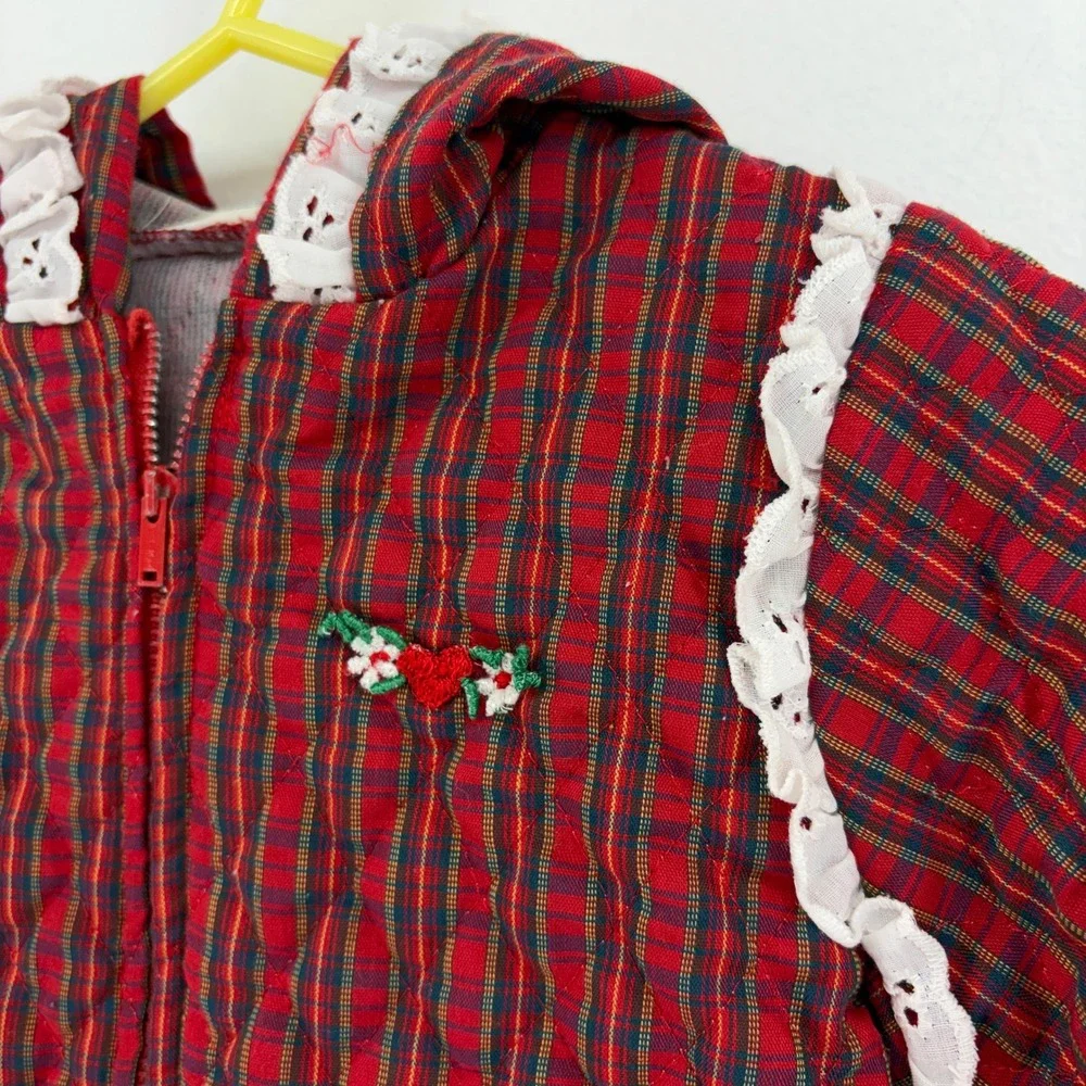 Vintage Doe-Spun Toddler Girls Red Plaid Quilted Hooded Jacket Lace Trim 24M